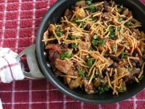 skillet black beans with potatoes and tortillas