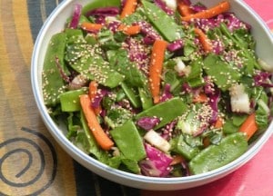 Bok choy salad with snow peas and red cabbage