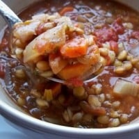 Tomato, lentil, and barley soup in a spoon