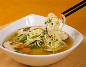 Raw zucchini "ramen" noodle soup