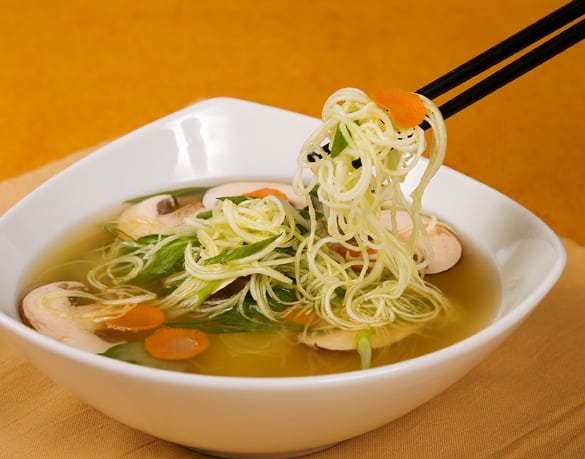 Raw zucchini "ramen" noodle soup