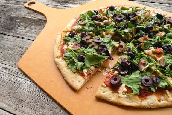 Mixed Olives and Spinach or Arugula Pizza | VegKitchen.com