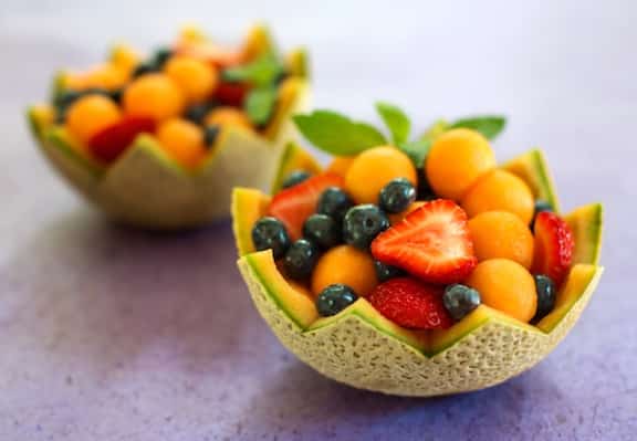 melon cups 2- cantaloupe, strawberries, and blueberries