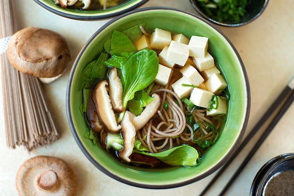 Japanese-Style Soba Noodle Soup with Tofu & Greens