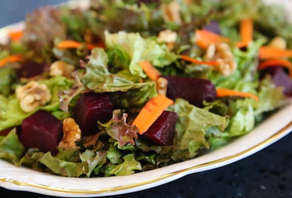 Beet and Walnut salad with mixed greens