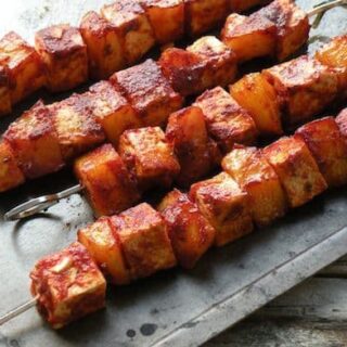 Oven-barbecued tofu and potato skewers