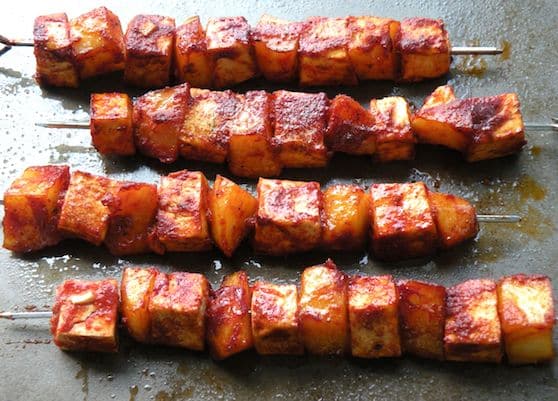 Oven-barbecued tofu and potato skewers