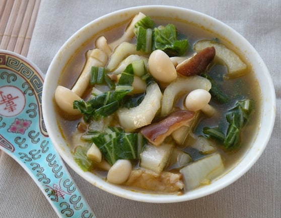 Asian mixed mushrooms and bok choy soup