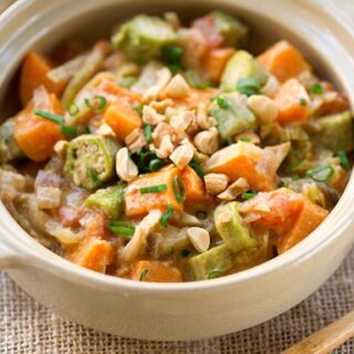 West African peanut and okra stew with sweet potatoes, okra and chopped peanuts