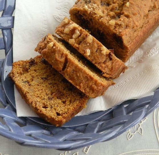 vegan pumpkin bread on a blue plate