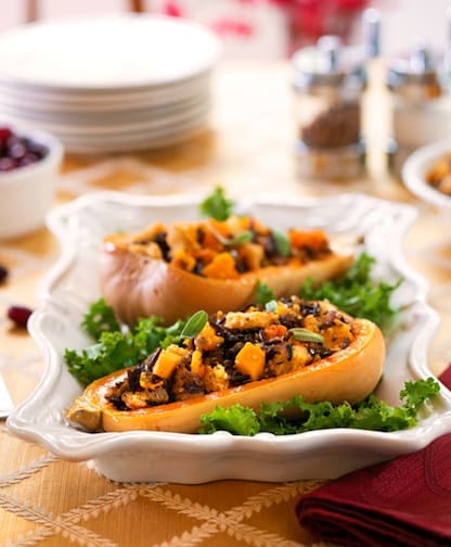 Whole wheat and wild rice-stuffed butternut squash