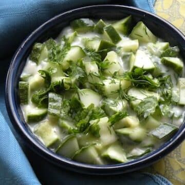 Cucumber and fresh herb relish in coconut yogurt