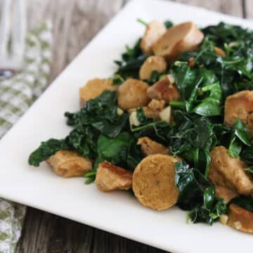 Greens with seitan and vegan sausage