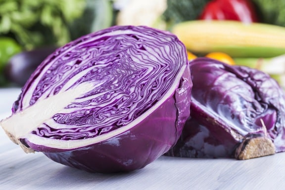Red cabbage cut in half