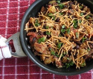 skillet black beans with potatoes and tortillas
