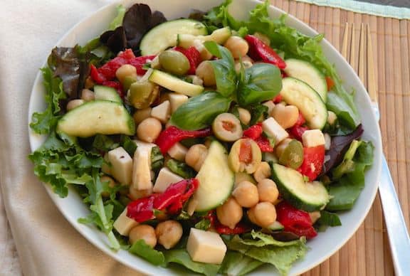 Chickpea Salad with Zucchini, Vegan Mozzarella, and Basil