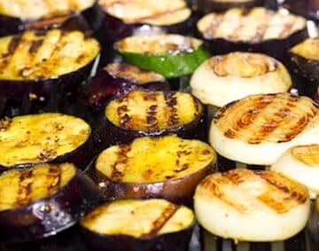 Grilled eggplant and onions