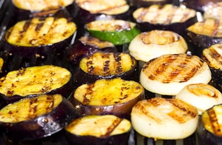 Grilled eggplant and onions
