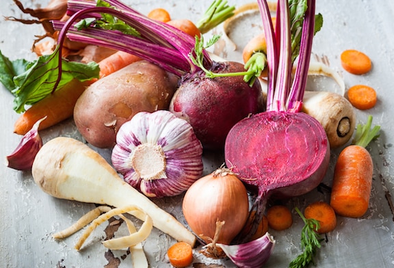 Assorted root vegetables for roasted root vegetable soup