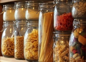 Pastas in jars in pantry