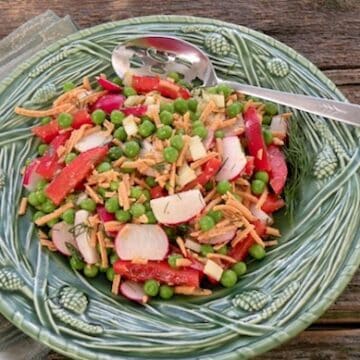 Green pea, radish, and vegan cheddar salad