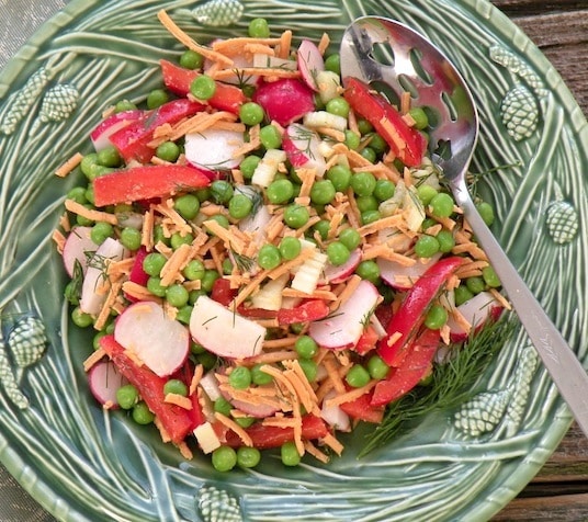 Green pea, radish, and vegan cheddar salad recipe