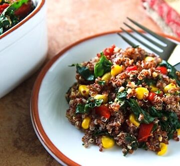 red quinoa pilaf with kale and corn