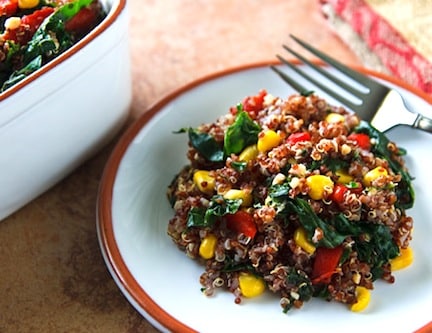 red quinoa pilaf with kale and corn