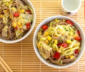 Soba with corn and cabbage