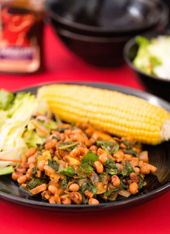 BBQ Tempeh with Black-Eyed Peas and Greens
