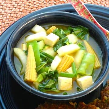 Bok choy, tofu, and baby corn soup