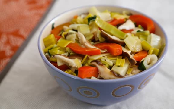 Leeks with Bell Peppers and Shiitakes