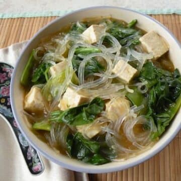 Bean thread noodle soup with tofu and spinach