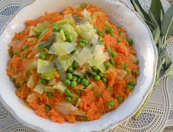 Mashed Sweet Potatoes with Leeks and Peas recipe