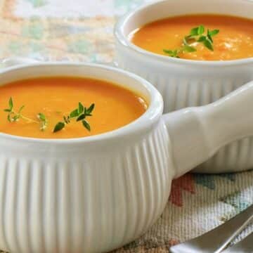 Orange Vegetable Soup carrot ginger in white bowl