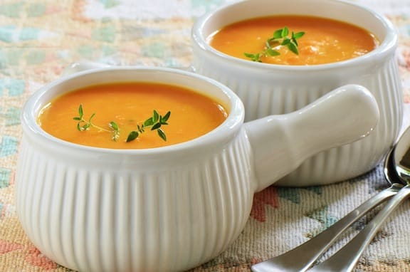 Orange Vegetable Soup carrot ginger in white bowl