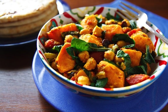 Curried sweet potatoes with chard and chickpeas recipe from Wild About Greens