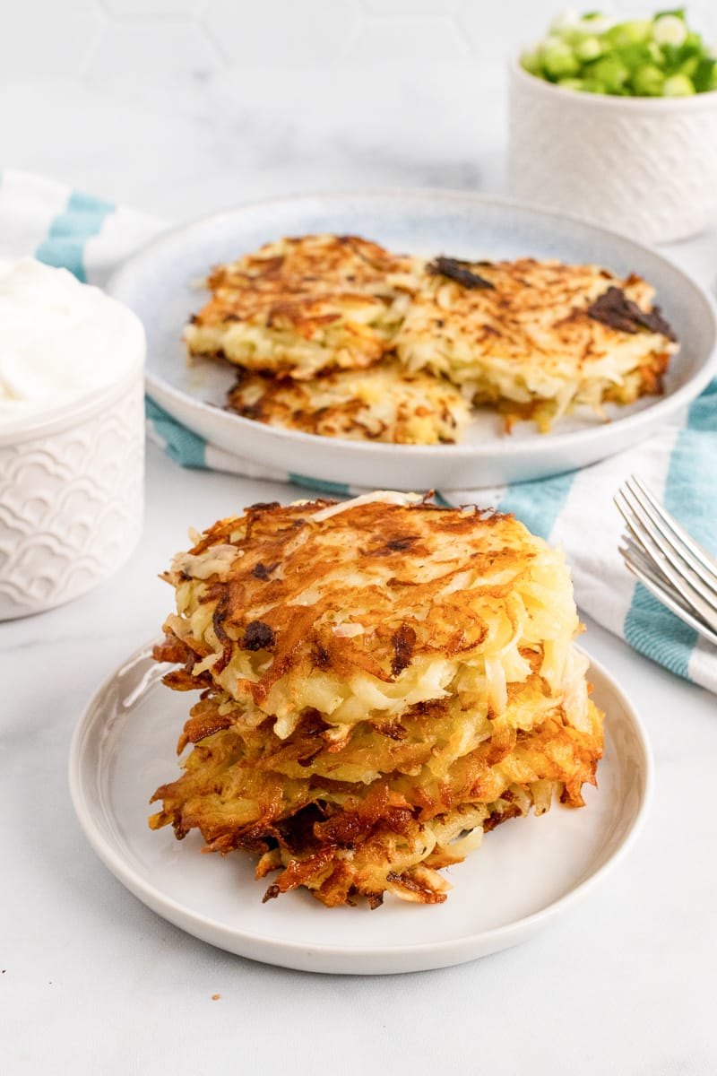 close up stack of vegan potato pancakes without toppings