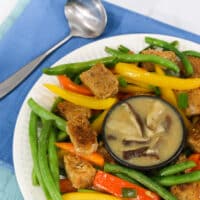 Tempeh and green beans with shiitake-miso gravy