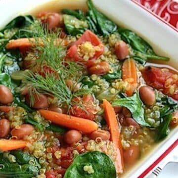 Quinoa, pink bean, and spinach soup