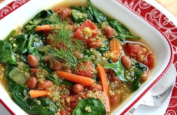 Quinoa, pink bean, and spinach soup 