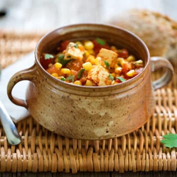 Stewed tofu with fresh corn and tomatoes