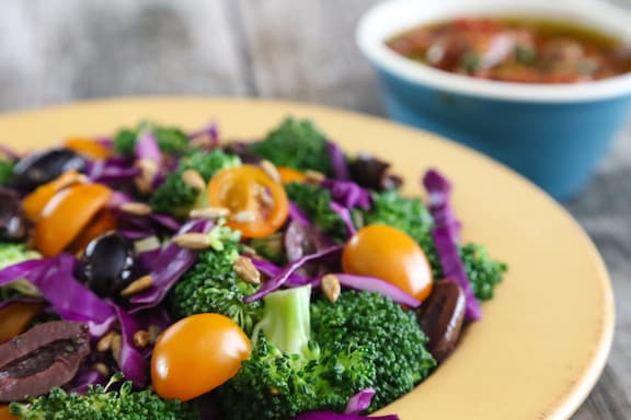 Broccoli and red cabbage salad with cherry tomatoes