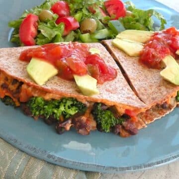 Vegan quesadillas with black bean, broccoli, and porobella