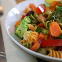 vegan pasta salad with tricolor rotini pasta