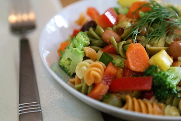 vegan pasta salad with tricolor rotini pasta