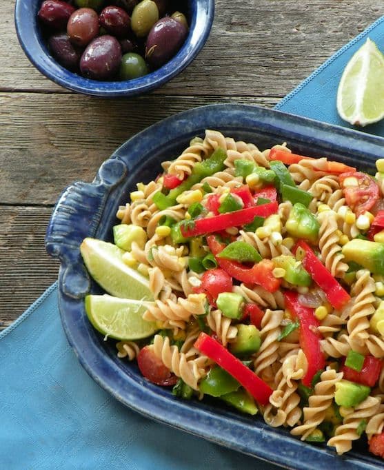 Southwestern pasta salad with avocados and peppers
