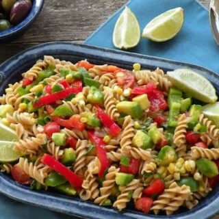 Southwestern pasta salad with avocados and peppers