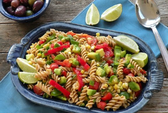 Southwestern pasta salad with avocados and peppers
