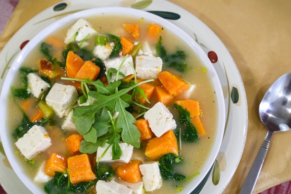 Miso Soup with Sweet Potatoes and Greens